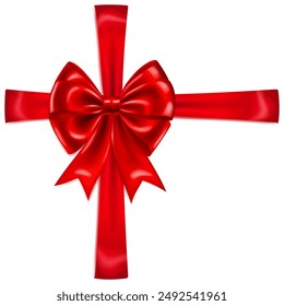 Beautiful large red shiny bow with crosswise ribbons and soft shadow on white background.