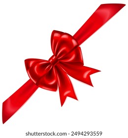 Beautiful large red shiny bow with diagonal ribbon and soft shadow on white background.