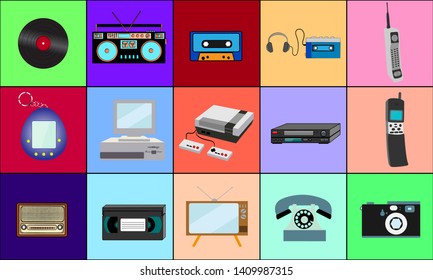 A beautiful large set of retro items of old vintage hipster electronics technology from the 70s, 80s, 90s on the background of colored squares. Vector illustration