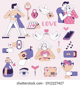 A beautiful large set with symbols and objects of love, characters for Valentine's Day - a dancing couple, a hugging couple, love letters, a loudspeaker, a love message, birds, a music column, wine. 