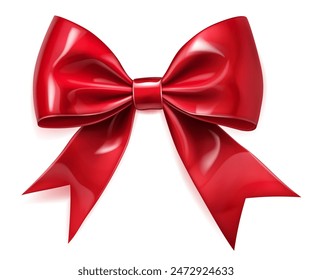 Beautiful large shiny bow made of red ribbon with soft shadow on white background