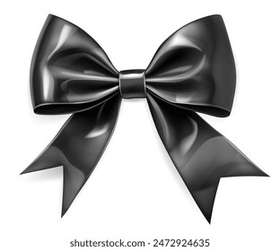 Beautiful large shiny bow made of black ribbon with soft shadow on white background