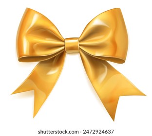 Beautiful large shiny bow made of yellow ribbon with soft shadow on white background