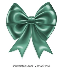 Beautiful large shiny bow made of dark green ribbon with soft shadow on white background