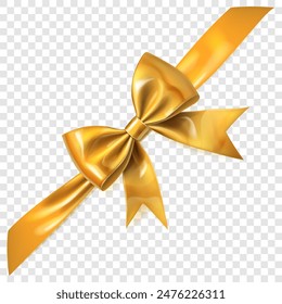 Beautiful large yellow shiny bow with diagonal ribbon and soft shadow on transparent background. Vector illustration for design projects and creative works.