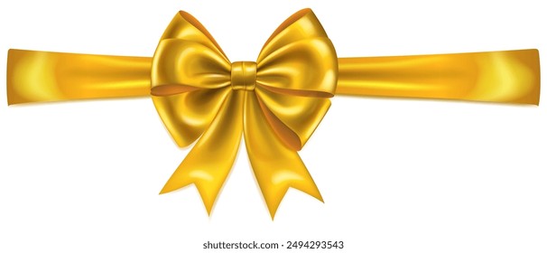 Beautiful large yellow shiny bow with horizontal ribbon and soft shadow on white background.