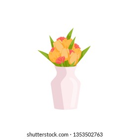 Beautiful large yellow and smaller pink tulips composition in vase on empty background