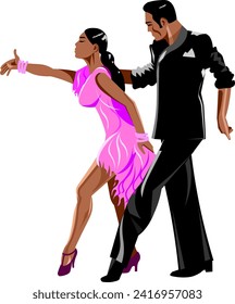 Beautiful Latin American couple dancing cha cha cha Girl in a bright pink dress partner in a dark classic suit Vector