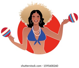 Beautiful latin girl playing maracas isolated on white background. Retro style