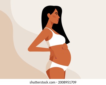 Beautiful latin woman with her tummy. Realistic pregnant beauty. Spanish face, long hair, latin american ethnicity. Beauty dressed white underwear touching the belly. Perfect vector illustration