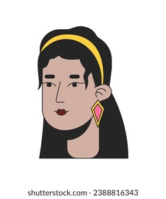 Beautiful latina woman with retro hairstyle 2D linear cartoon character head. 60s hairstyle female hispanic isolated line vector person face white background. Mexican lady color flat spot illustration