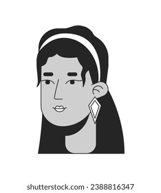 Beautiful latina woman with retro hairstyle black and white 2D line cartoon character head. 60s hairstyle female hispanic isolated vector outline person face. Monochromatic flat spot illustration