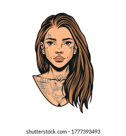 Beautiful Latino Girl With Long Hair And Fiery Heart Chicano Tattoo On Her Chest In Vintage Style Isolated Vector Illustration