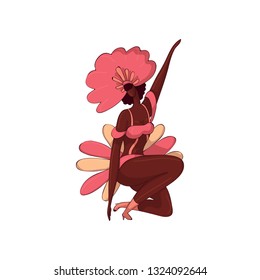 Beautiful Latino woman in dancing action. Brazilian samba dancer. Girl in pink costume with feathers. Vector design