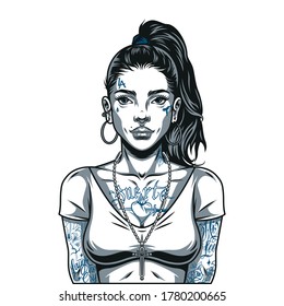 Beautiful latino woman with tattoos earrings and cross necklace in vintage monochrome style isolated vector illustration