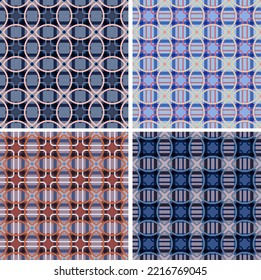 Beautiful lattice seamless pattern. Overlapping stripes, polygons, segments and shapes are grouped and arranged in a specific order. Vector set.
