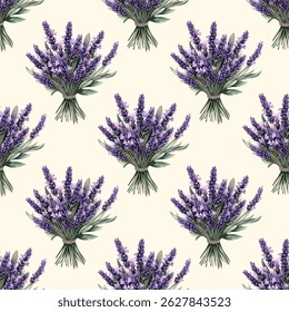 Bouquets de lavanda bonitos em um padrão perfeito em um fundo branco. Perfeito para papéis de parede, têxteis e embalagens elegantes. Adicione um toque de charme calmo e natural aos seus projetos de design.