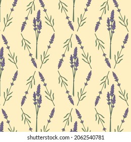 Beautiful lavender flowers on pale yellow background. Lavender seamless pattern. Floral background. Vector color illustration in cartoon flat style. Lavender fabric design. Botanical illustration.