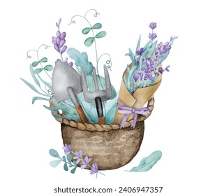 Hermoso ramo de procedencia de lavanda en cesta con brotes de pasteles verdes y ilustración de color acuático en escápula en el jardín. Composición de flor morada acuarela dibujo