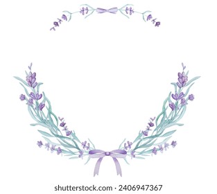 Beautiful lavender provence wreath with text watercolor illustration for postcard design. Tender purple flower ornament aquarelle drawing