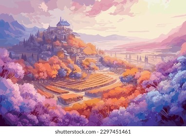 Beautiful Lavender scenery, castle and mountains, epic background, wallpapers