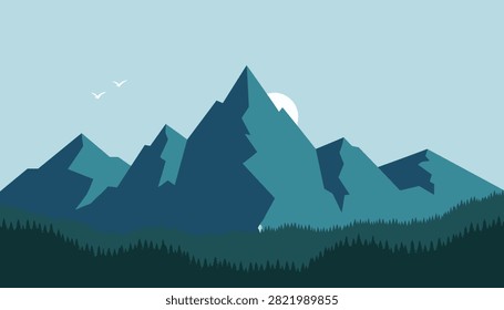 Beautiful layered blue mountain range landscape at sunrise with birds flying over a dense green wild pine forest.