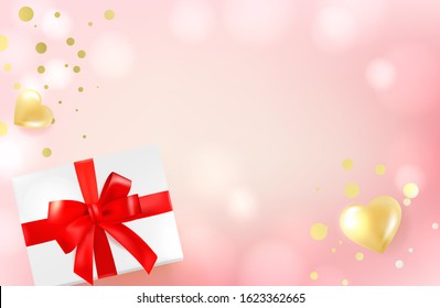 Beautiful layout with gifts, hearts on pink bokeh background. Top view flat lay template for greeting card, banner