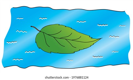 Beautiful leaf is floating on a river. Colored vector for card or gift. 