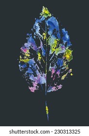   beautiful leaf of a tree in a cold blue colors painted watercolors imprint on gray