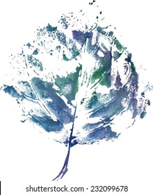 beautiful leaf of a tree in  cold blue colors painted watercolors imprint