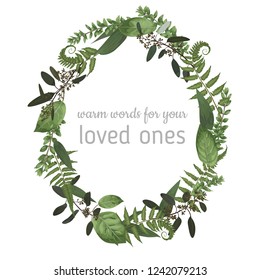 Beautiful leafy frame wreath of eucalyptus, fern and boxwood branches isolated on white. For wedding invitations, vignettes, postcards, posters, labels
