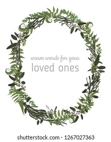 Beautiful leafy frame wreath of eucalyptus, brunia, fern and boxwood branches isolated on white. For wedding invitations, vignettes, postcards, posters, labels
