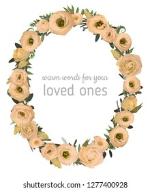 Beautiful leafy frame wreath of eucalyptus, brunia, fern and boxwood branches and flowers eustoma cream. For wedding invitations, vignettes, postcards, posters, labels