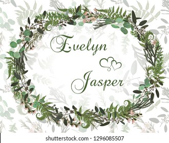 Beautiful leafy frame wreath of eucalyptus, brunia, fern and boxwood branches isolated on white. For wedding invitations, vignettes, postcards, posters, labels, horizontal
