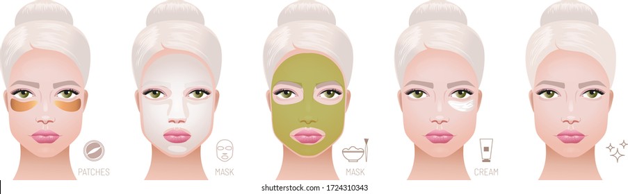 Beautiful leafy girl. Skin-care application of cosmetic products: patches, mask, organic mask and cream.