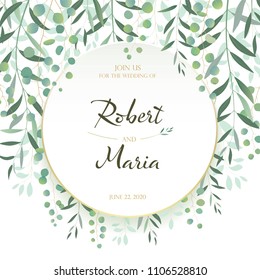 Hermosa carta de invitación de boda floral. Correa decorativa de ramas, plantilla de marco. Vector. Hojas de verano, dólares de plata, hojas de olivo.