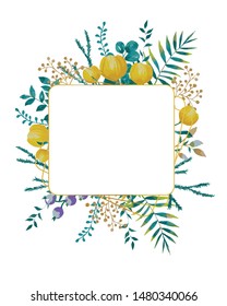 beautiful leaves illustration wreath with green flowers and leaves for wedding stationary. greetings and backgrounds
