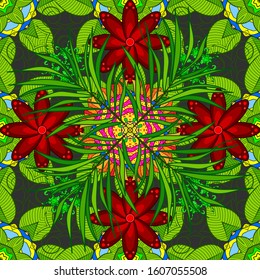 Beautiful leaves on gray, red and green colors. Red petal flower. Of bright. Vector illustration. Fall leaves background. Seamless graphic design with amazing leaves. Summer.