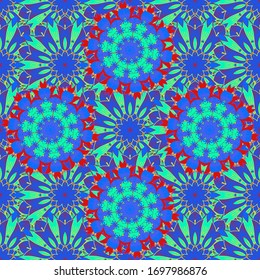 Beautiful leaves on green, blue and red colors. Vector illustration. Seamless pattern of Hand Drawn Tropical Leaves.