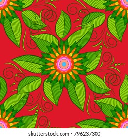 Beautiful leaves on green, red and orange colors. Vector illustration. Seamless pattern of Hand Drawn Tropical Leaves.