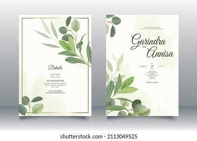 plantilla de tarjeta de invitación para bodas de hojas hermosas Vector Premium