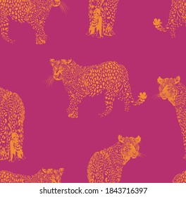 Beautiful Leopard Illustration Vector Seamless Pattern On Magenta Color Background  Two Tone Color, Fresh Color