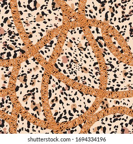 Beautiful Leopard print and gold chains seamless pattern in vector EPS10. Exotic animal prints background. Design for fashion.fabric,wallaper,wrapping,web and all prints