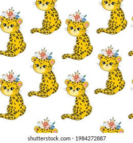 Beautiful leopard seamless pattern on a white background. Vector illustration collection for t-shirts, birthday decoration, greeting card