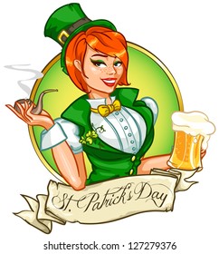 Beautiful leprechaun girl with beer and smoking pipe, St. Patrick's Day logo design with space for text, isolated