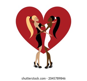 Beautiful lesbian couple girls in love with heart isolated icon. LGBT vector illustration. Homosexuality, pride, diversity, equality, freedom concept.