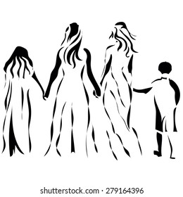 Beautiful lesbian couple with their children. Drawing in black line