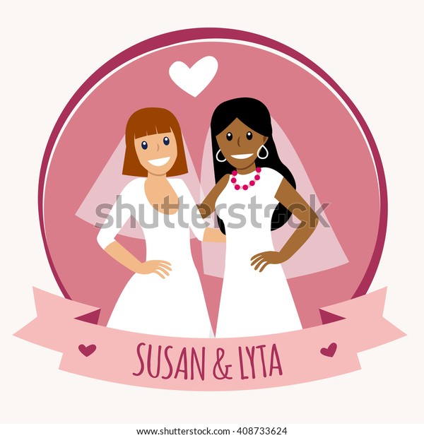Beautiful Lesbian Couple White Wedding Dresses Stock Vector