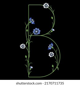 Beautiful letter B with blooming branches of cornflower or knapweed plant (Centaurea). Floral font. Botanical alphabet with blue flowers. On black background.