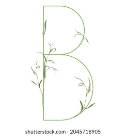 Beautiful letter B with green branches. Floral font. Artistic alphabet with botanical motifs. Isolated vector illustration.